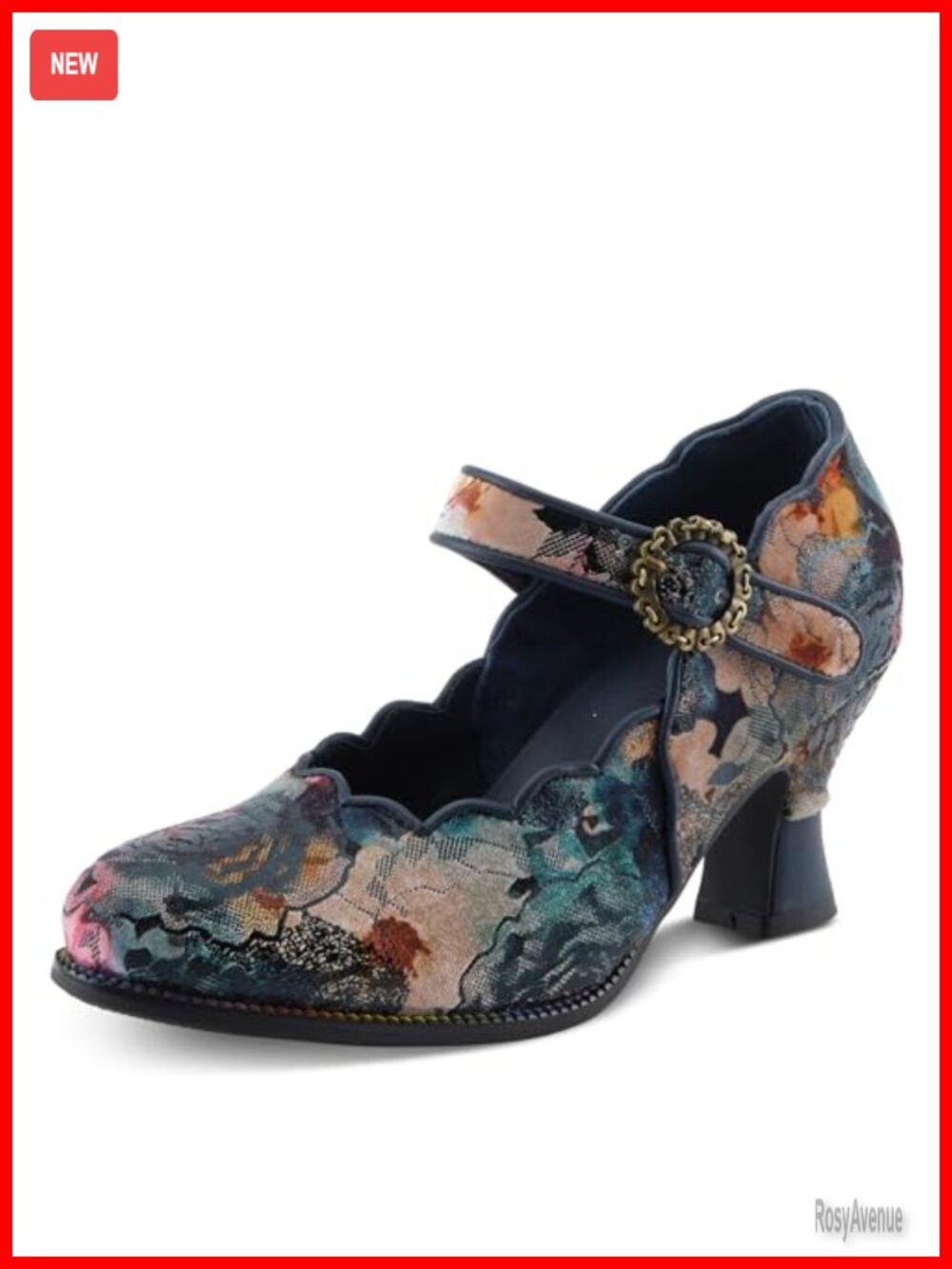 Mary Jane Pump Heel Floral Tapestry Textile Suede Cushioned